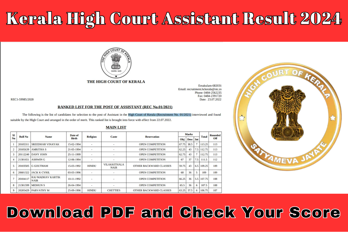 Kerala High Court Assistant Result 2024 Download PDF and Check Your Score