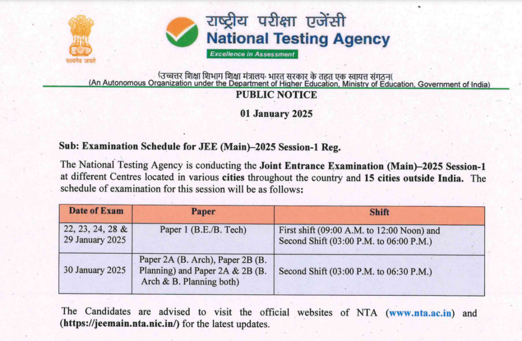 JEE Main Exam Schedule 2025 out for Session 01